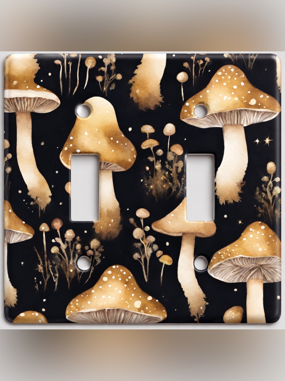 Handmade Golden Mushroom Whimsigoth Double Toggle Light Switch Cover